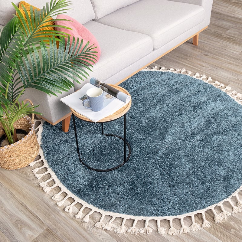 Round High Pile Rug - Lofty Fringe Blue