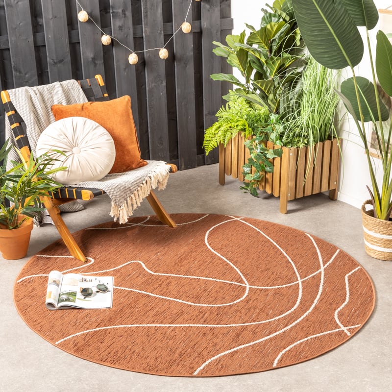 Round Modern Outdoor Rug - Porto Lines Terracotta