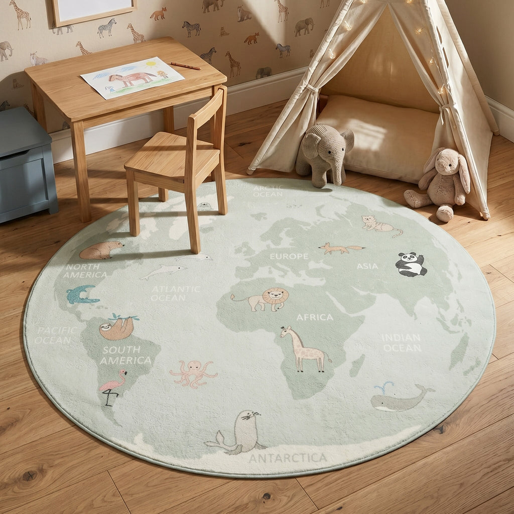 Round Kids Rug - Globe Mint
