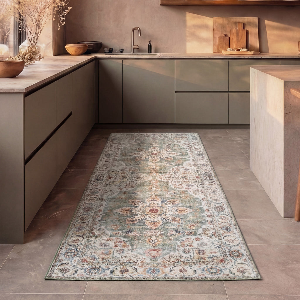 Washable Runner - Domingo Mandala Olive Green