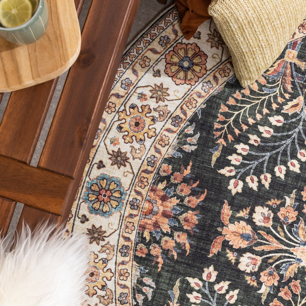 Round Vintage Outdoor Rug - Santo Flora Dark Green