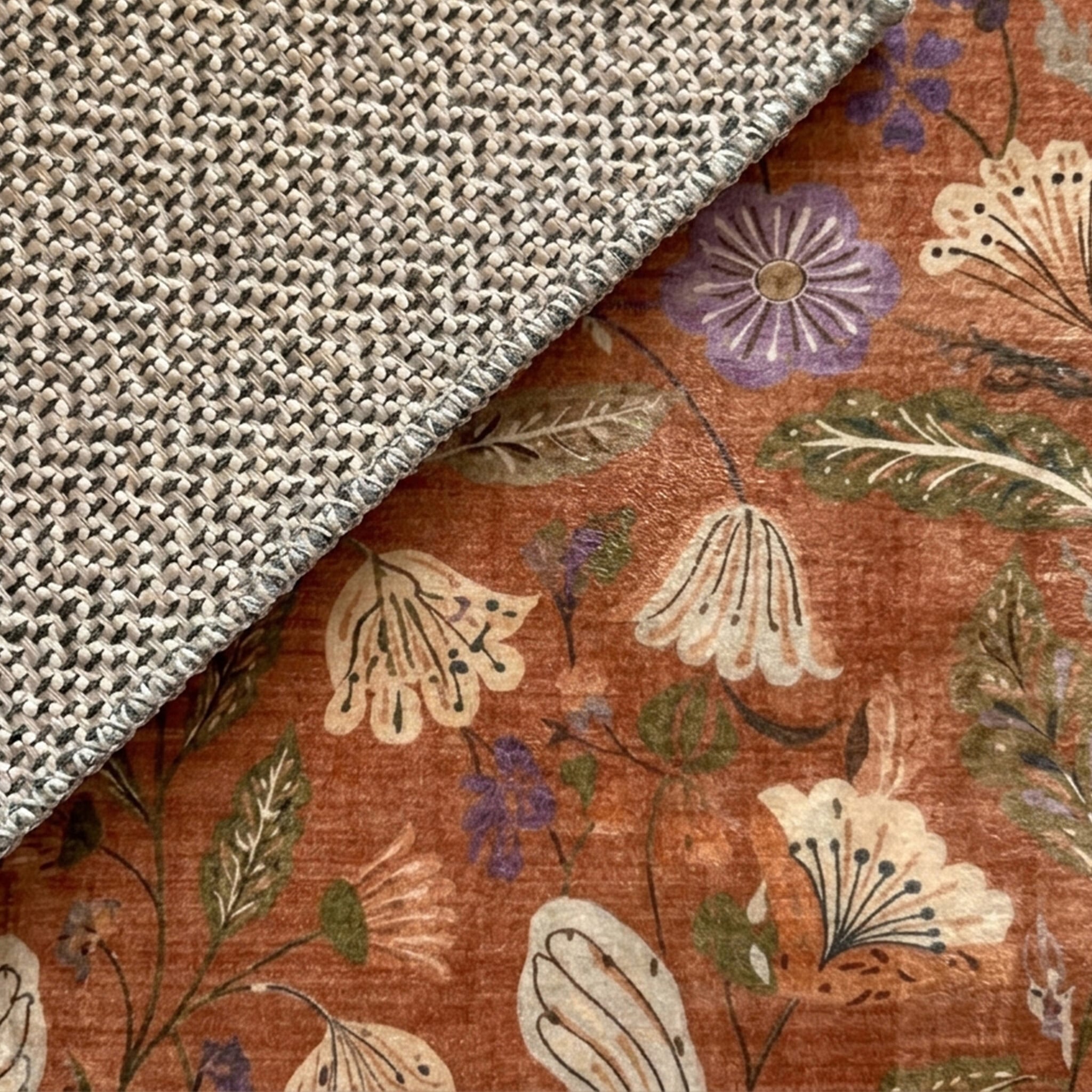 Round washable rug - Misty Flowers Terracotta