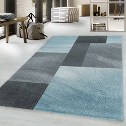 Retro Floor Rug - Stencil Rectangles Blue/Grey