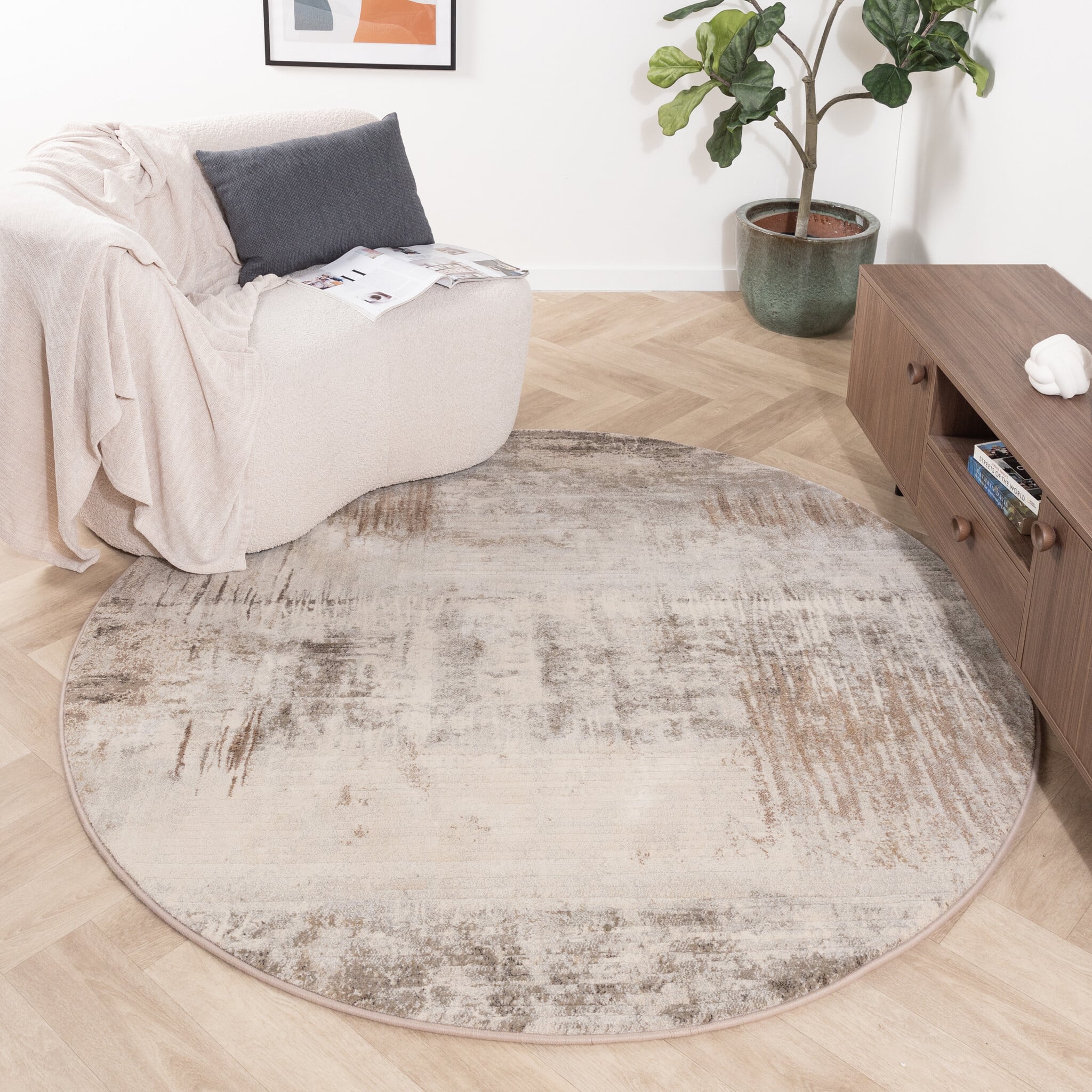 Round Abstract Rug - Xavier Brush Taupe/Grey