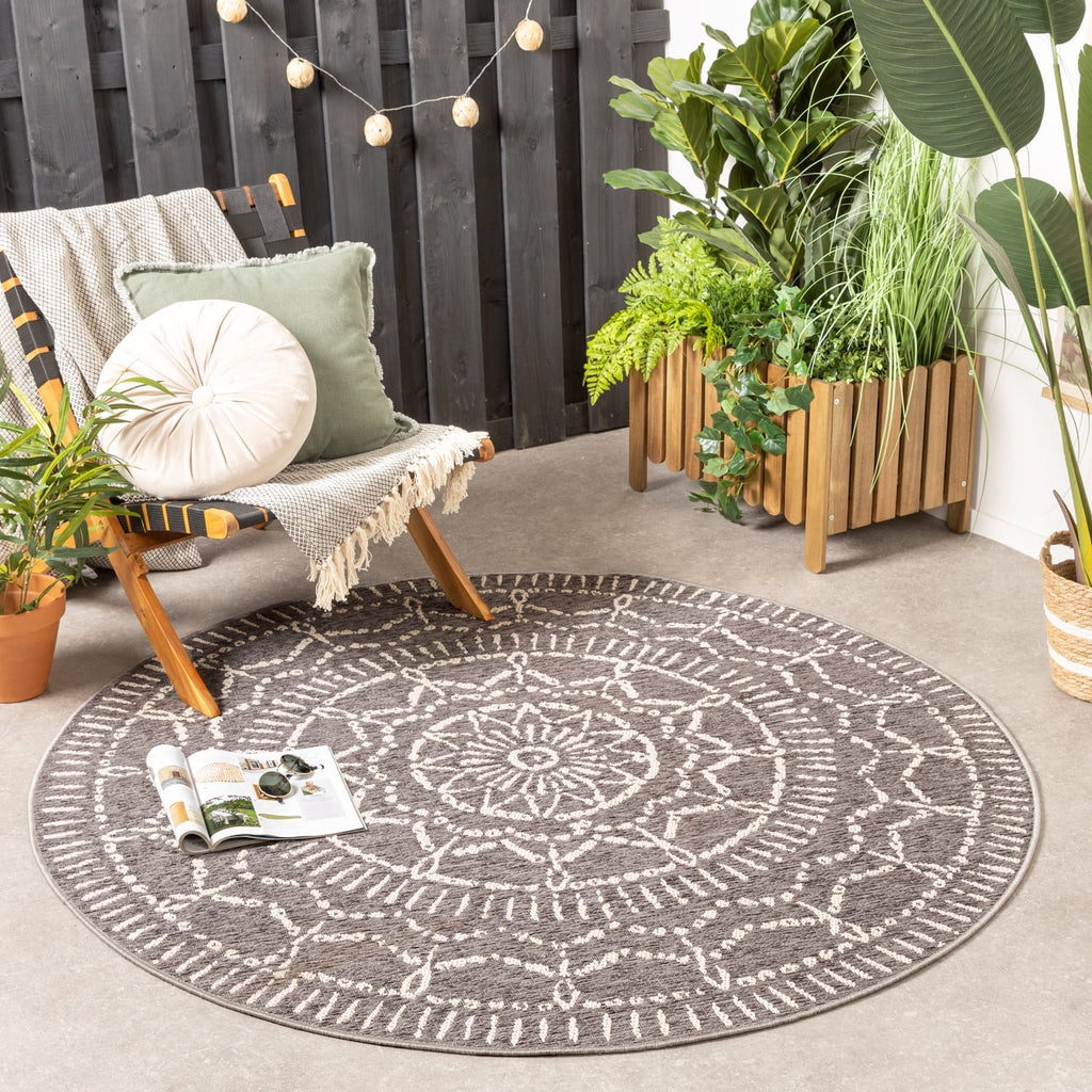 Round Modern Outdoor Rug - Porto Aztec Light Gray