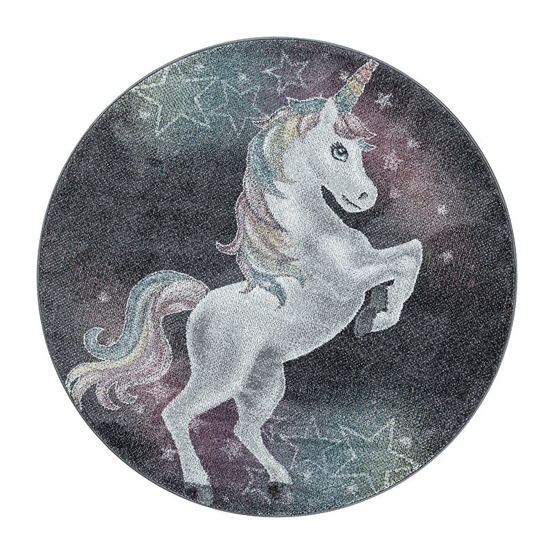 Round Children's Floor Rug Unicorn - Fleurtje Grey