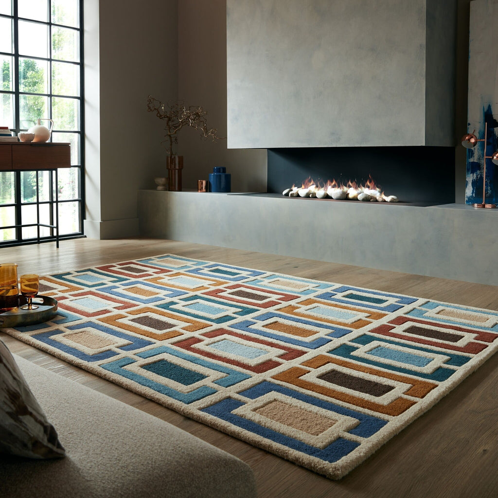 Retro floor rug - Ryano Blocks Blue/Multicolor