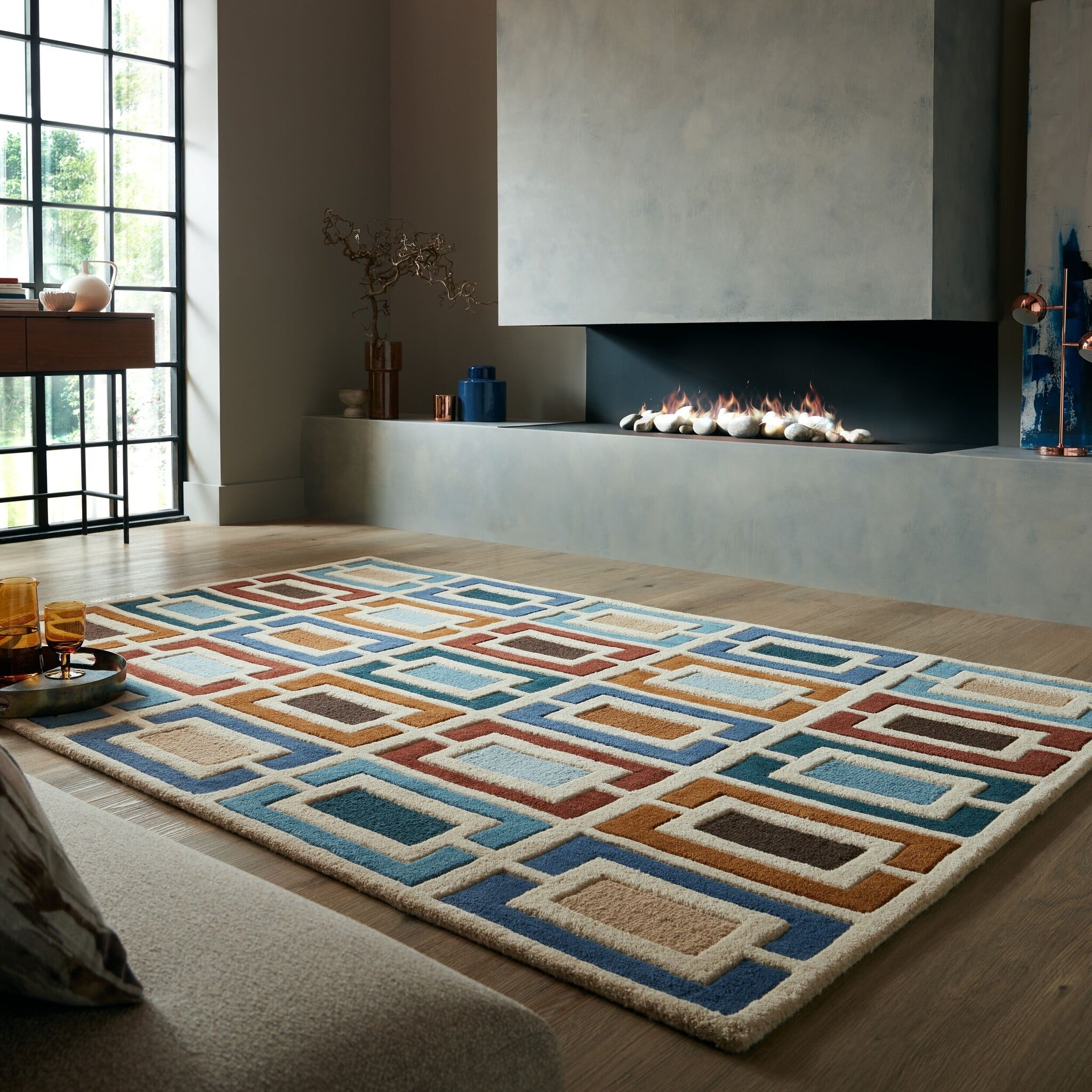Retro floor rug - Ryano Blocks Blue/Multicolor