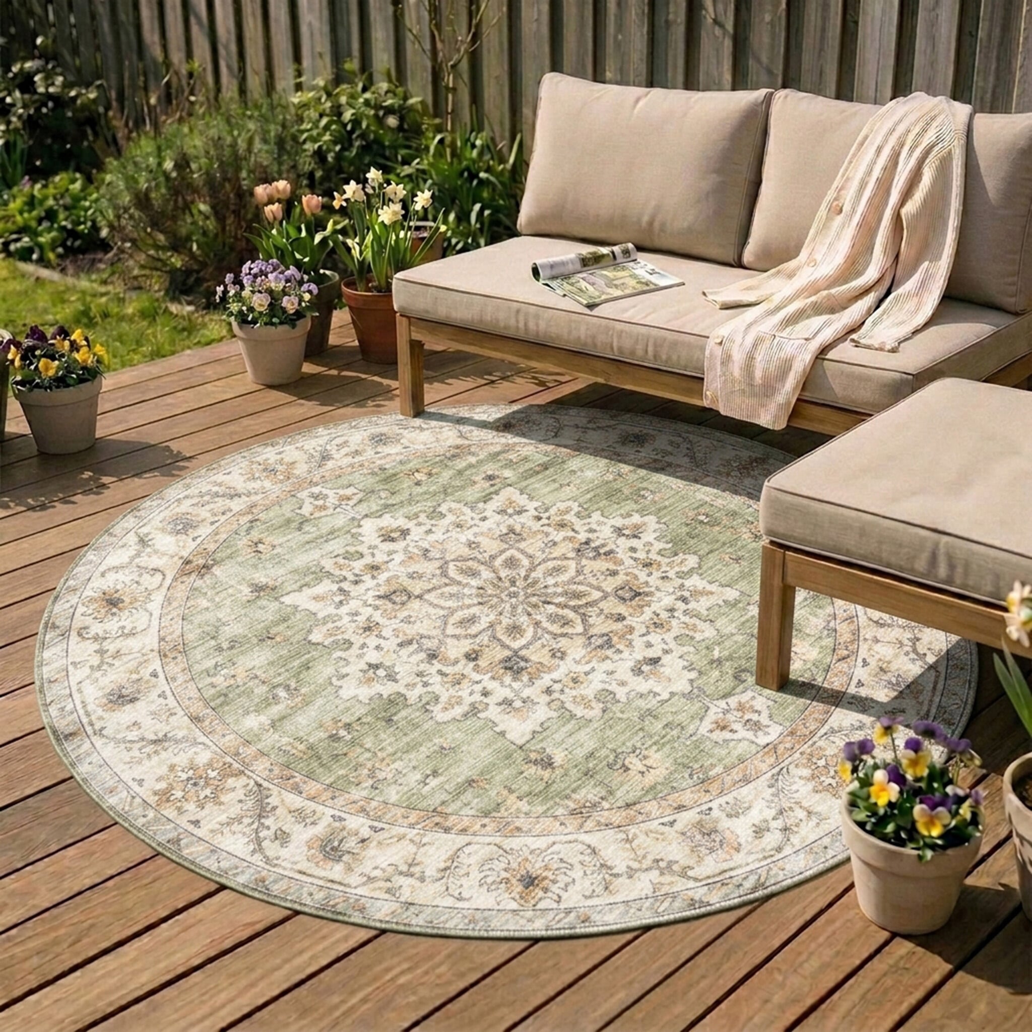 Round Vintage Outdoor Rug - Santo Medallion Green