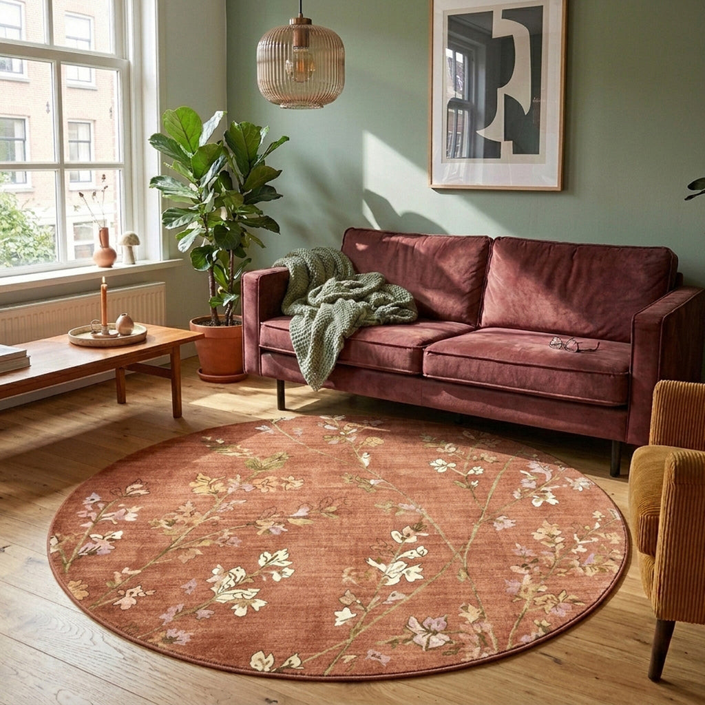 Round washable rug - Misty Floral Terracotta
