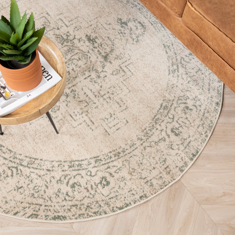 Round Vintage Rug - Spring Ethnic Cream/Green