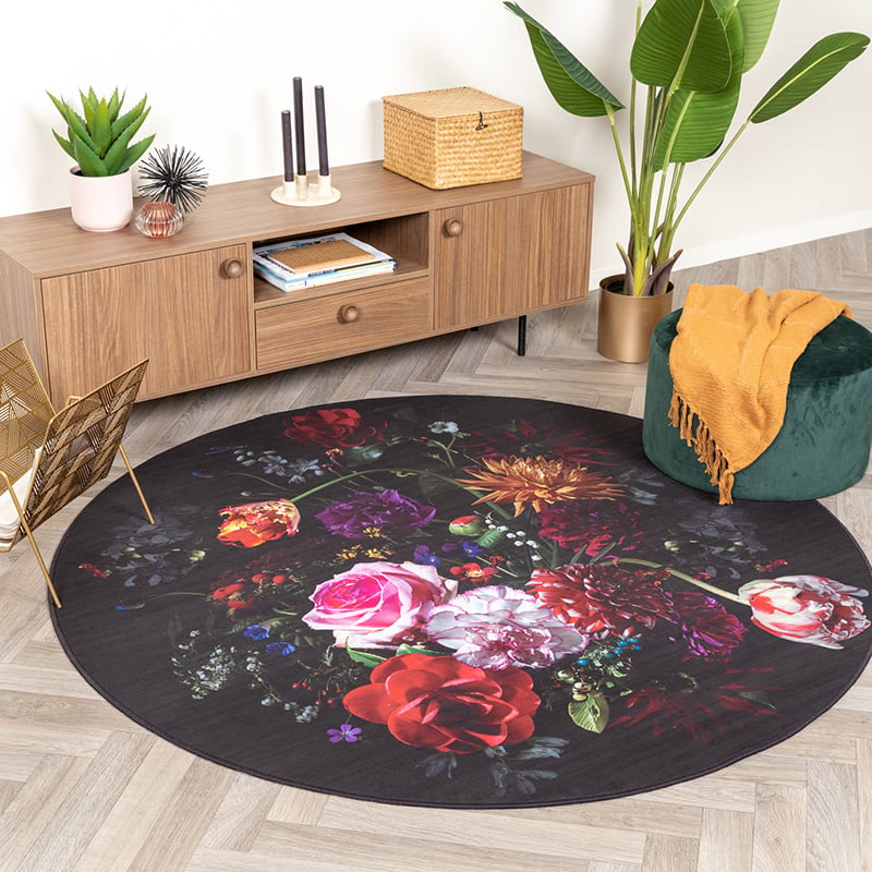 Round Floral Rug - Florine Black/Pink