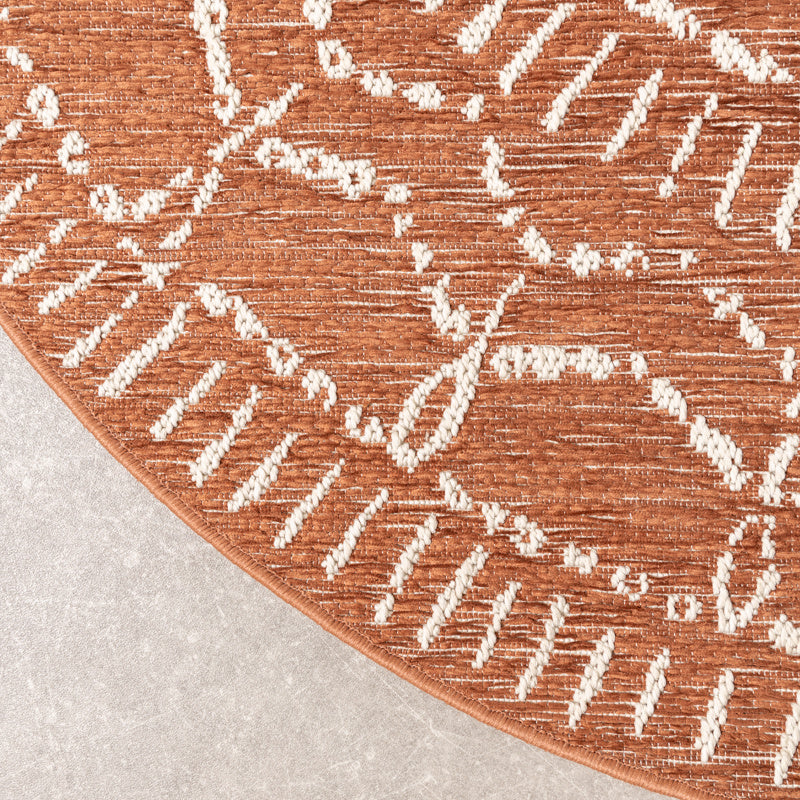 Round Modern Outdoor Rug - Porto Aztec Terracotta