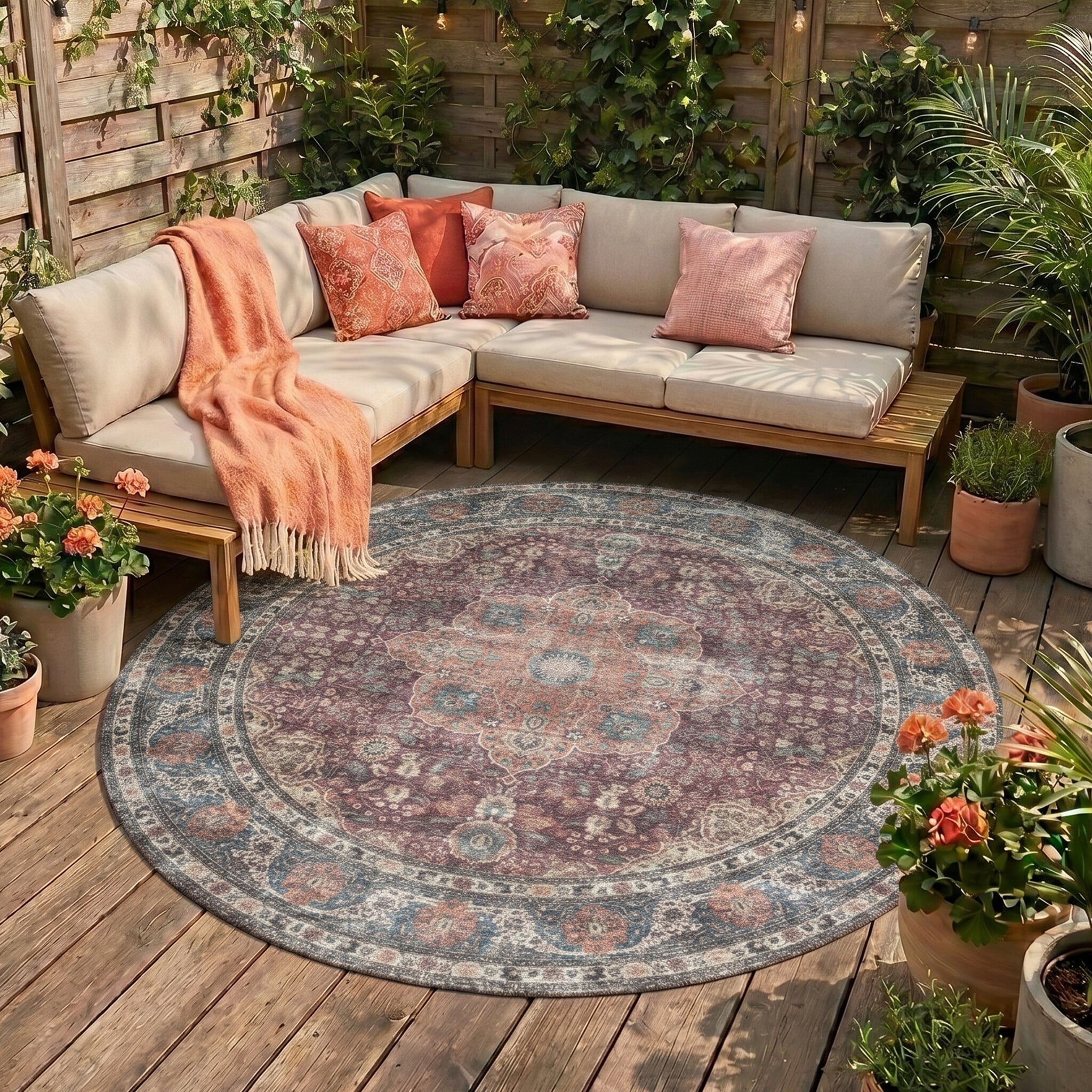 Round Indoor Outdoor Rug - Kairo Medallion Burgundy
