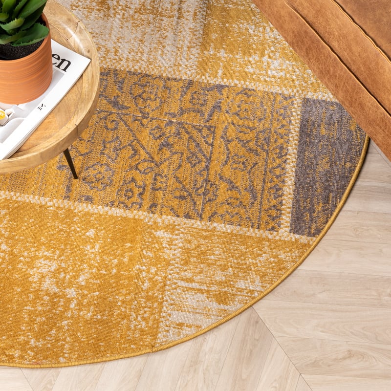 Round Patchwork Rug - Spring Ochre Yellow/Taupe