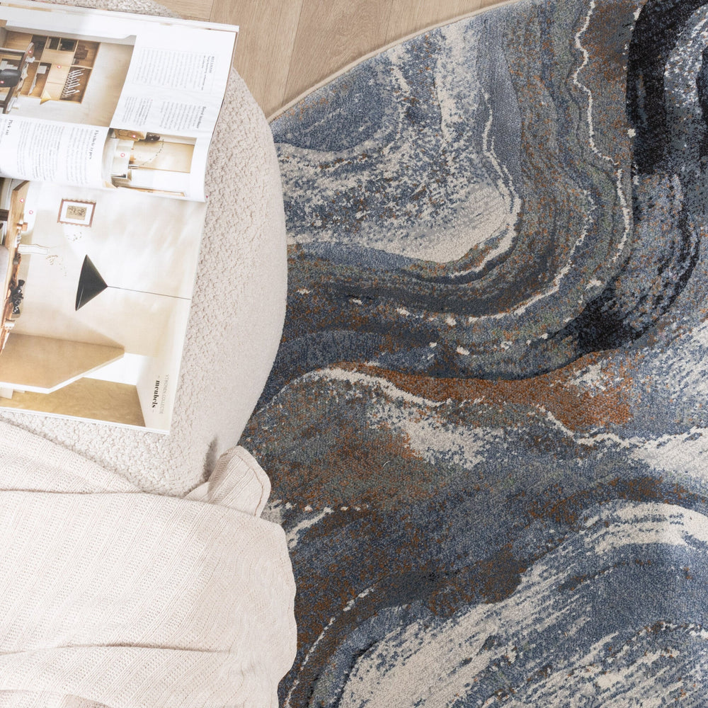 Round Abstract Rug - Xavier Wave Blue/Grey