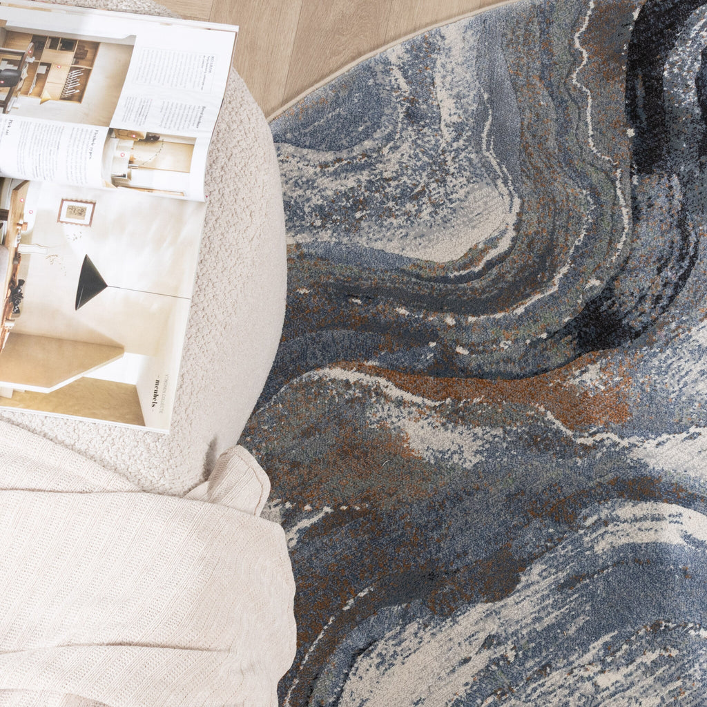 Round Abstract Rug - Xavier Wave Blue/Grey