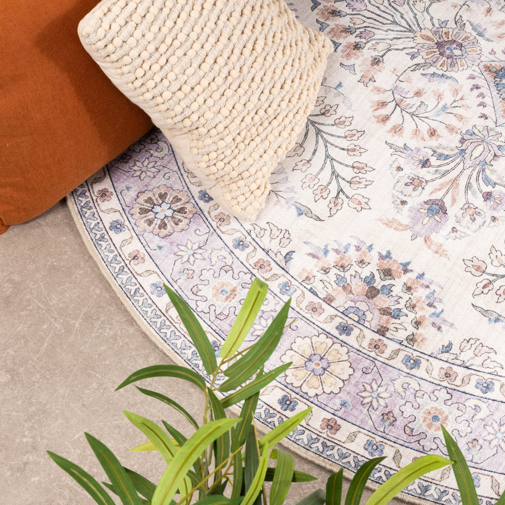 Round Vintage Outdoor Rug - Santo Flora White