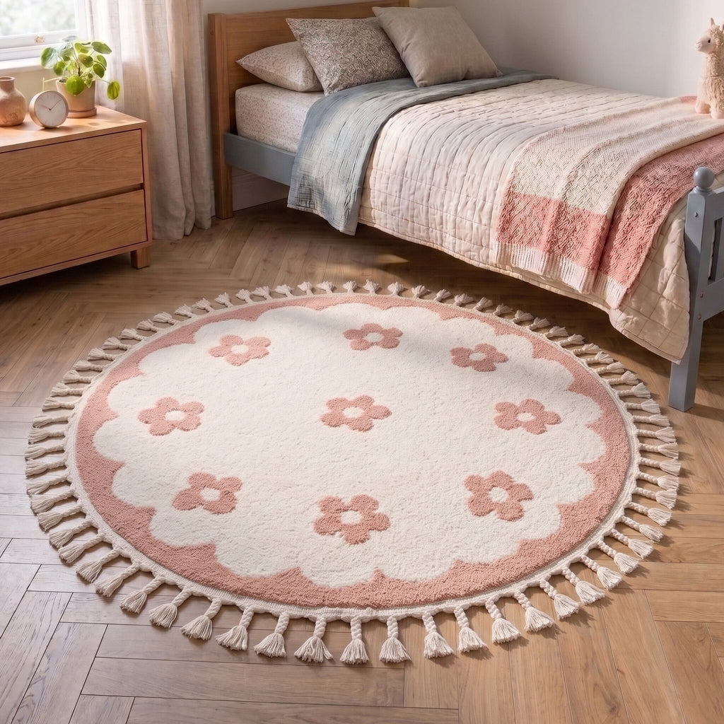Round washable children's rug - Moos Flower Pink